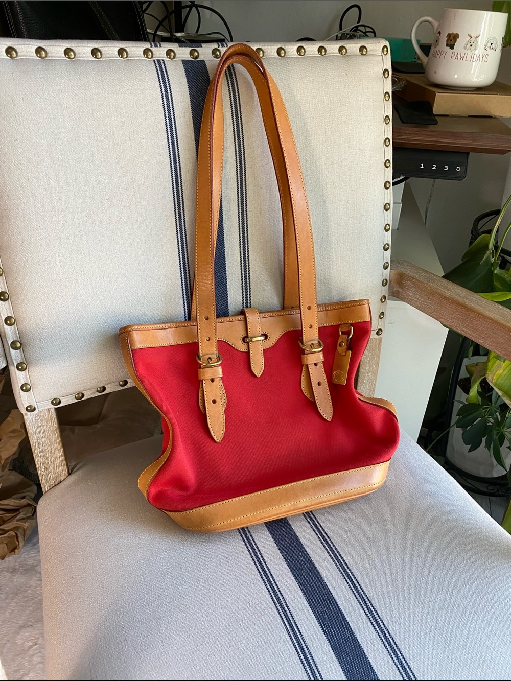 Dooney & Bourke Vintage Red Canvas Tote with Tan Leather Trim and Straps USA